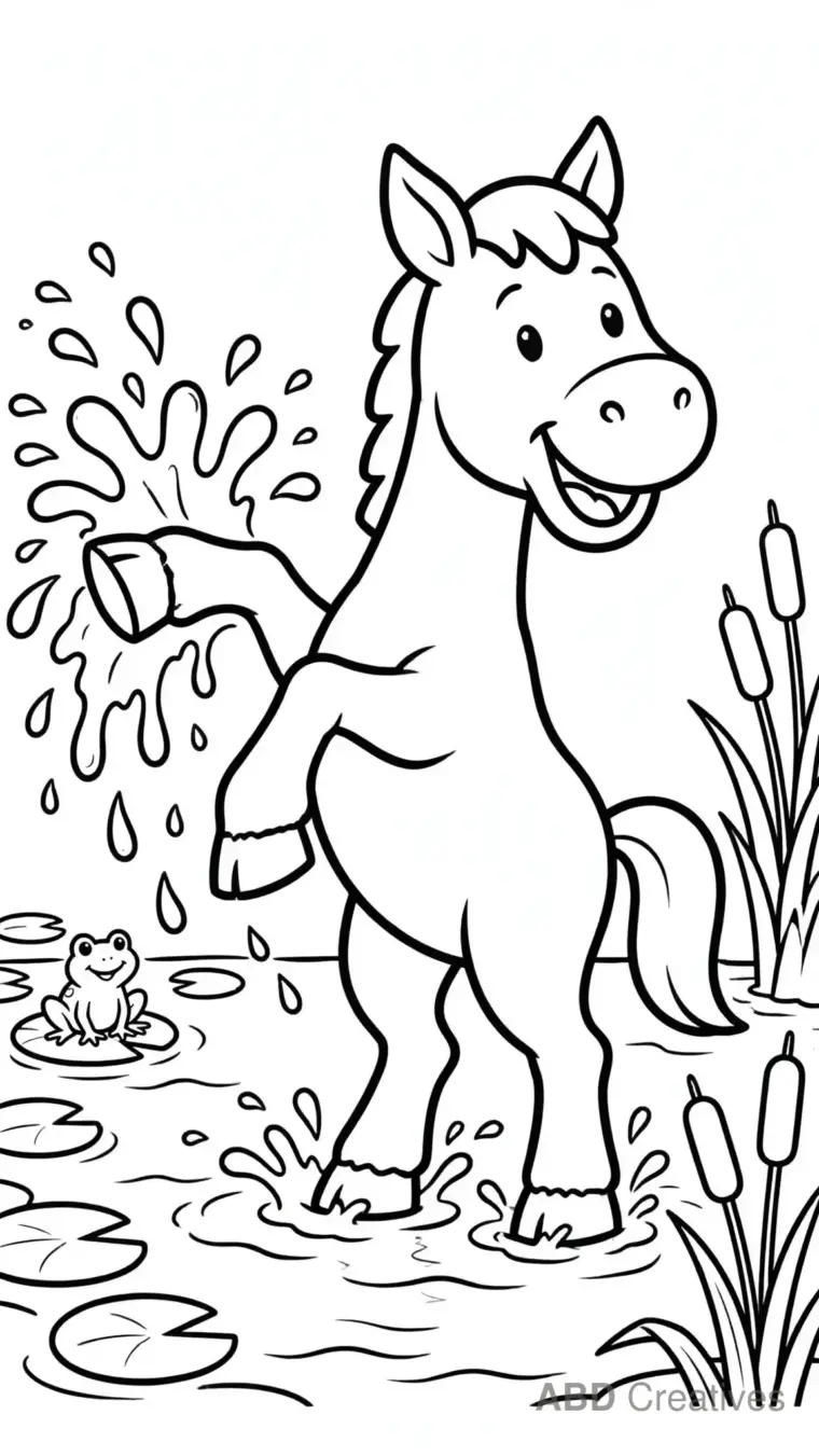 Horse Splashing in a Pond Coloring Page
