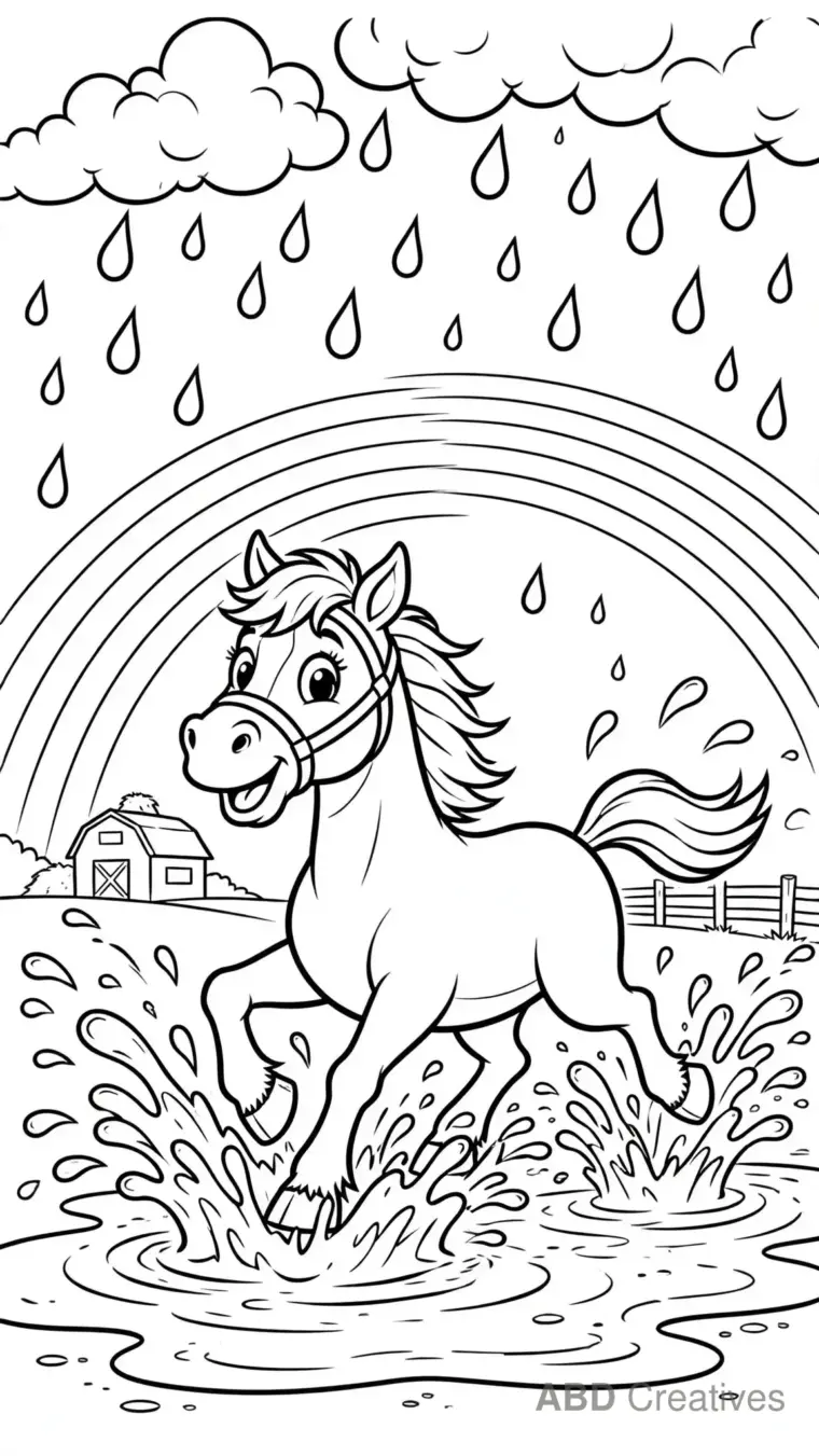 Horse Splashing in a Rainy Puddle Coloring Page