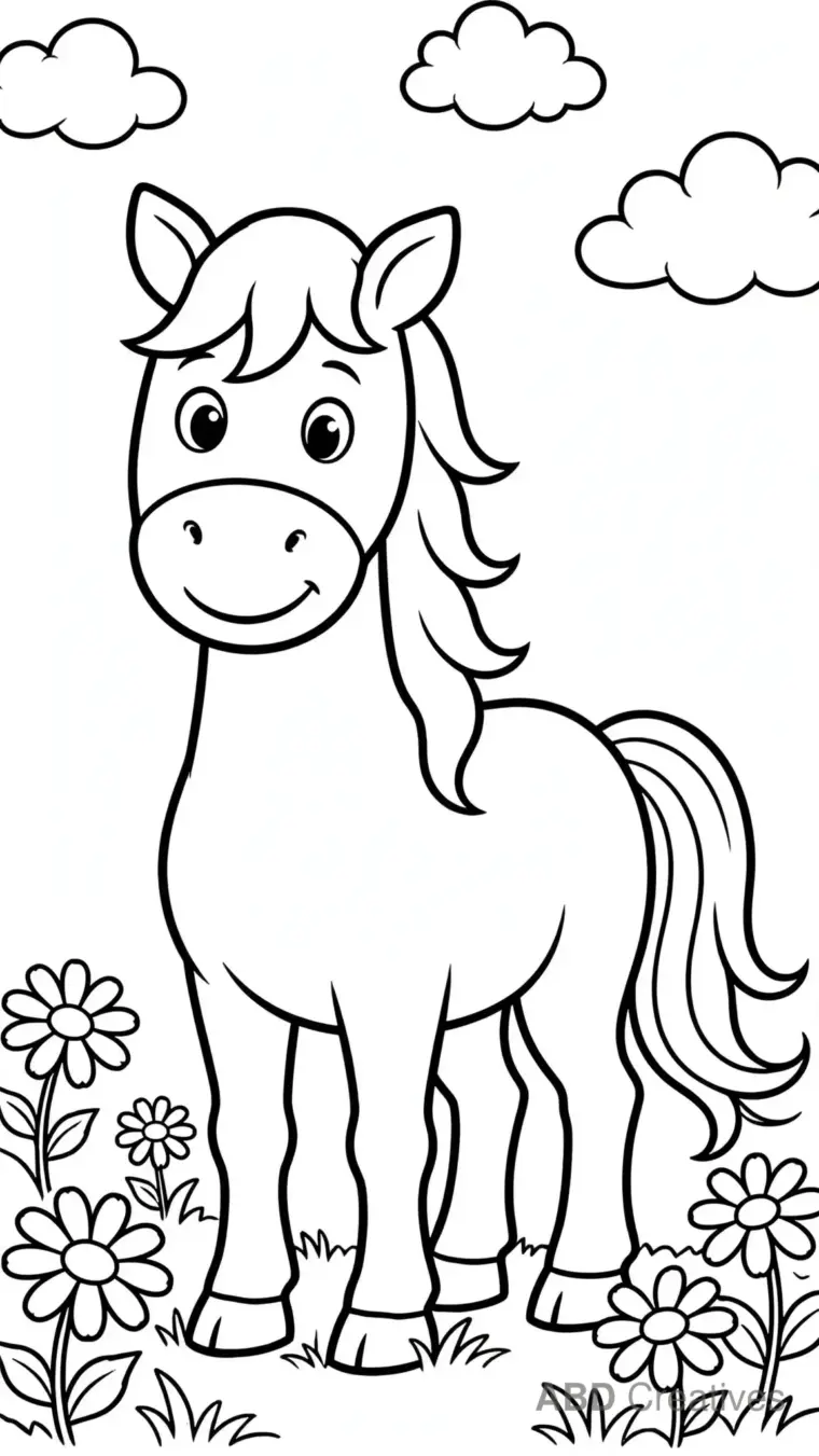 Horse Standing in a Sunny Meadow Coloring Page