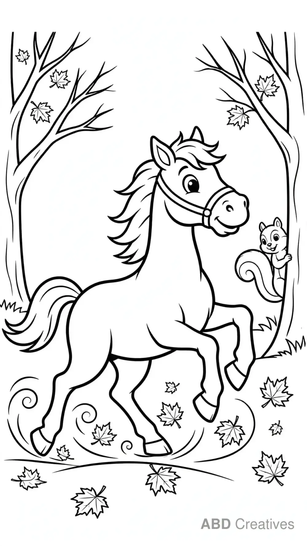 Horse Trotting Through Autumn Leaves Coloring Page