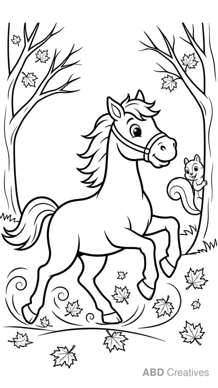 Horse Trotting Through Autumn Leaves Coloring Page