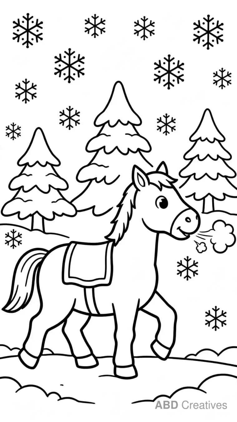 Horse Walking in a Snowy Field Coloring Page