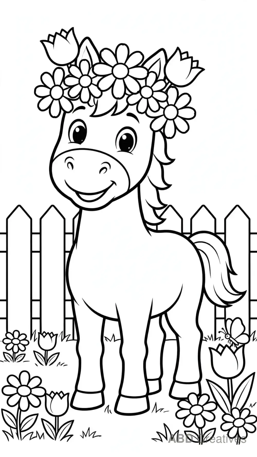 Horse Wearing a Flower Crown in a Garden Coloring Page