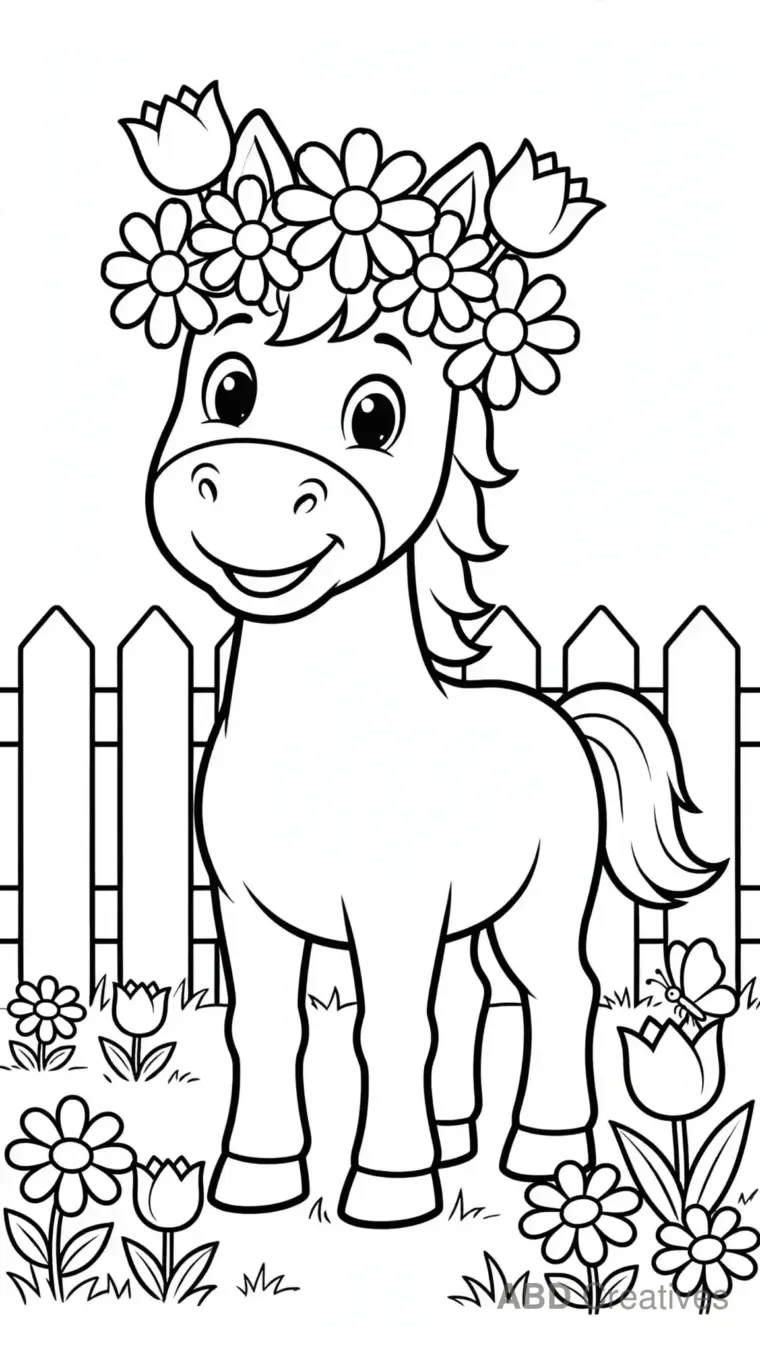 Horse Wearing a Flower Crown in a Garden Coloring Page