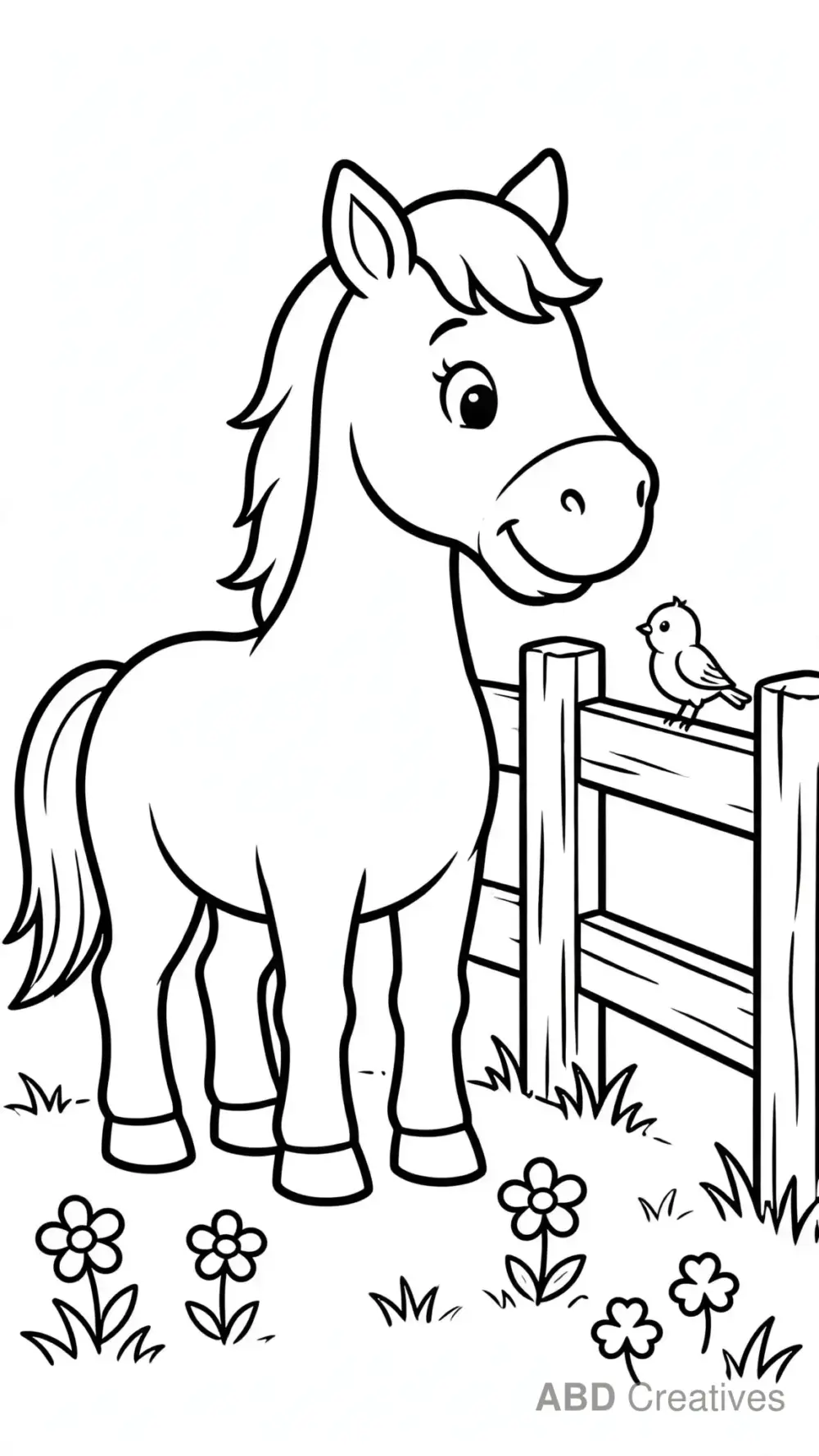 Horse and a Bluebird by a Fence Coloring Page