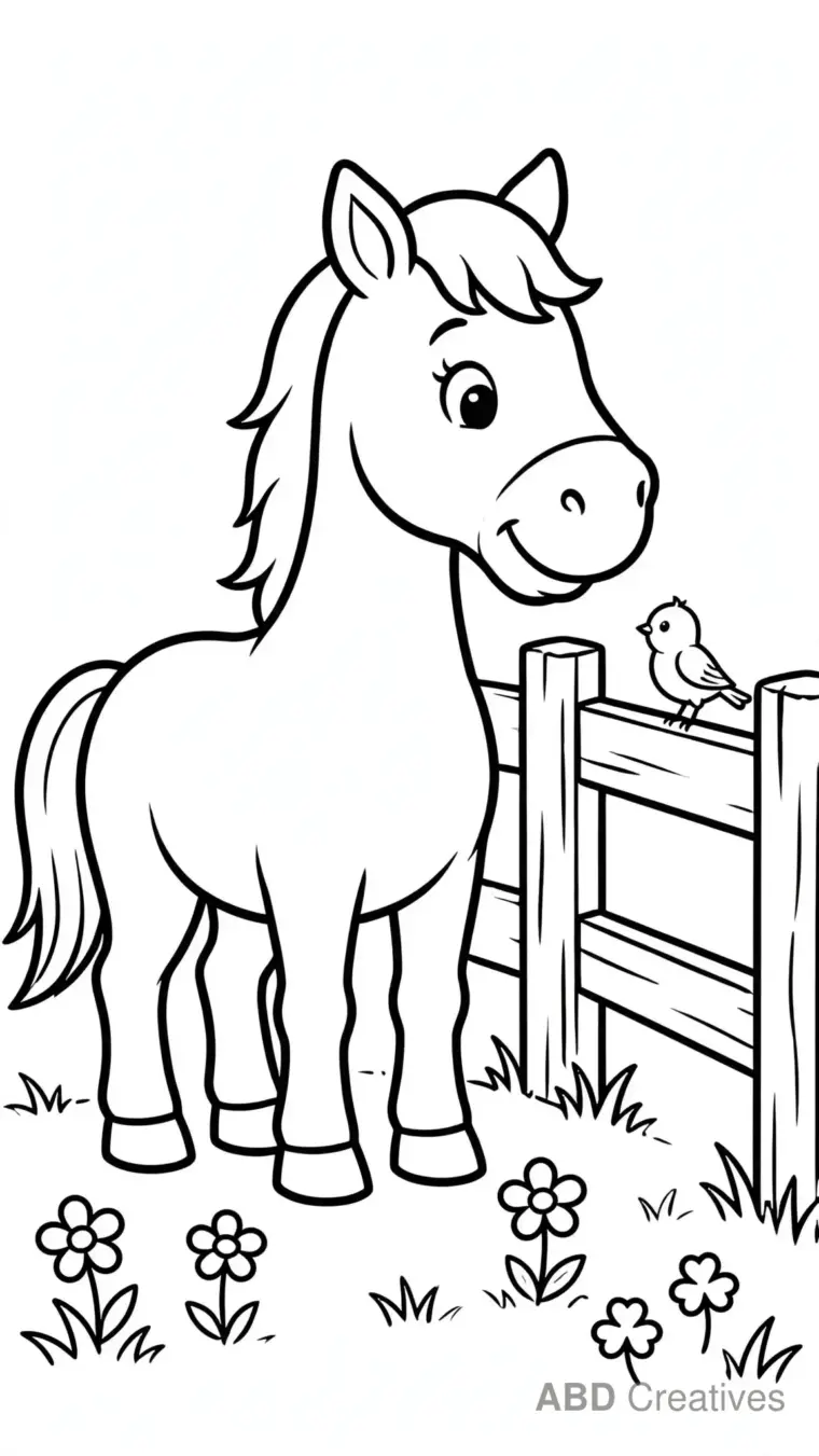 Horse and a Bluebird by a Fence Coloring Page