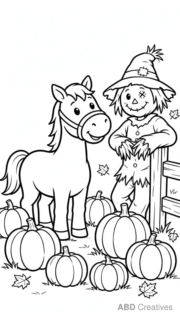 Horse in a Pumpkin Patch Coloring Page