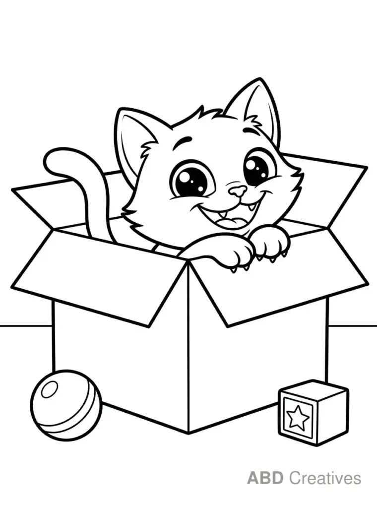 Kitten Peeking From a Cardboard Box Coloring Page