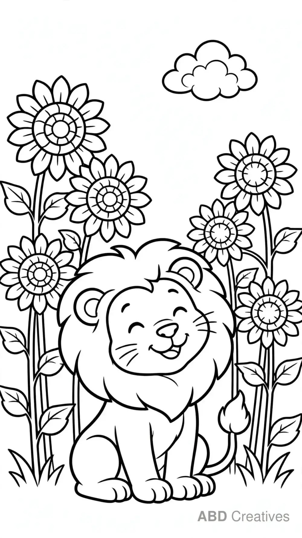 Lion Smiling Among Sunflowers Coloring Page