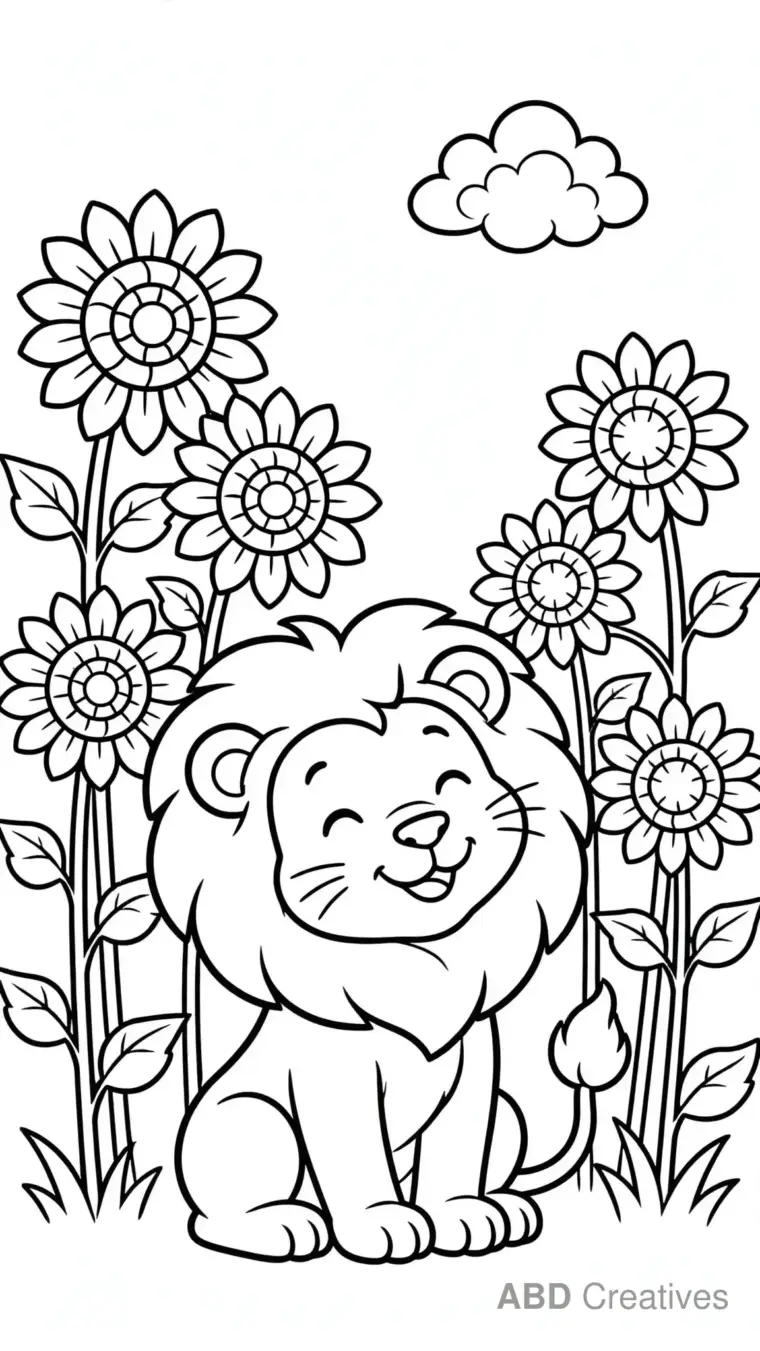 Lion Smiling Among Sunflowers Coloring Page