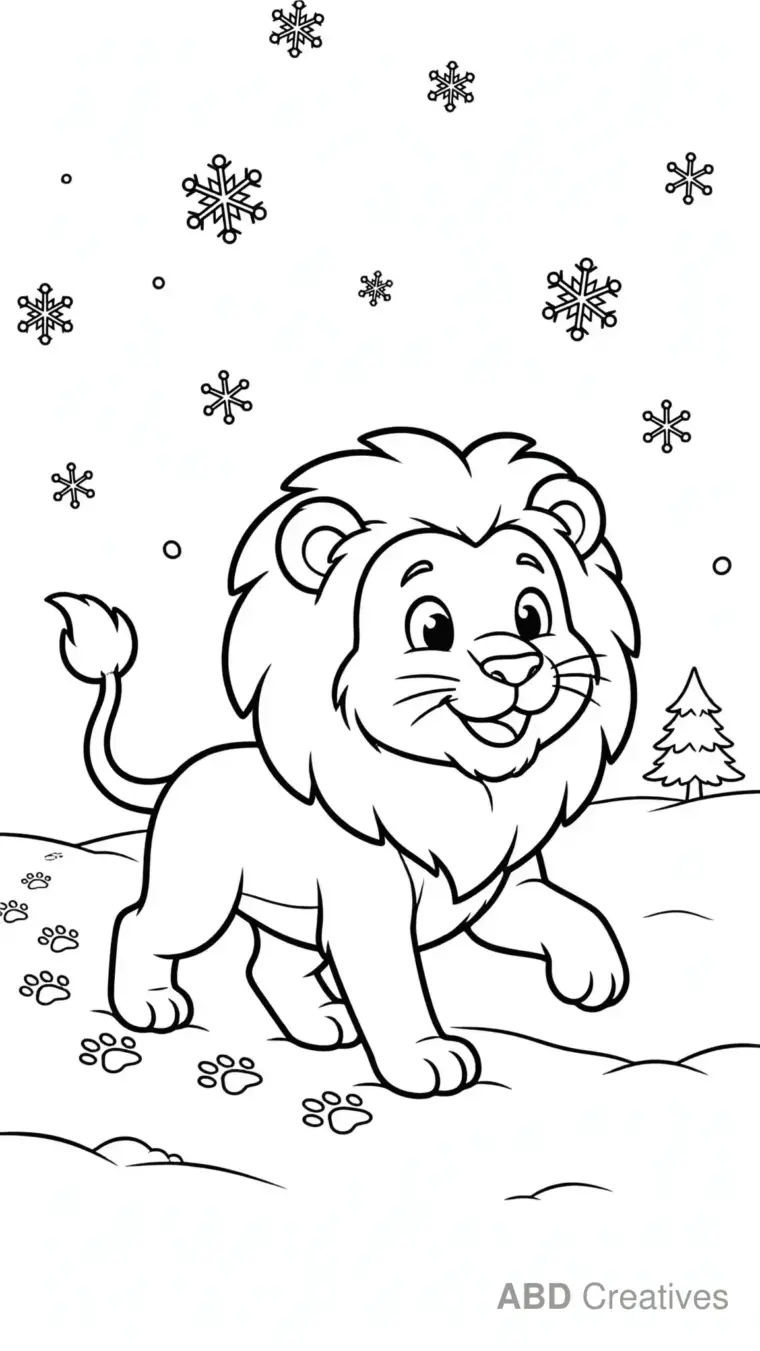 Lion Walking in the Snow Coloring Page