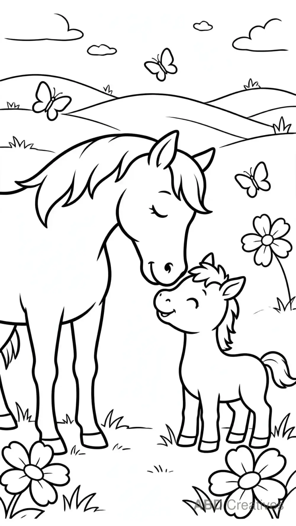 Mare Nuzzling Her Foal in a Field Coloring Page