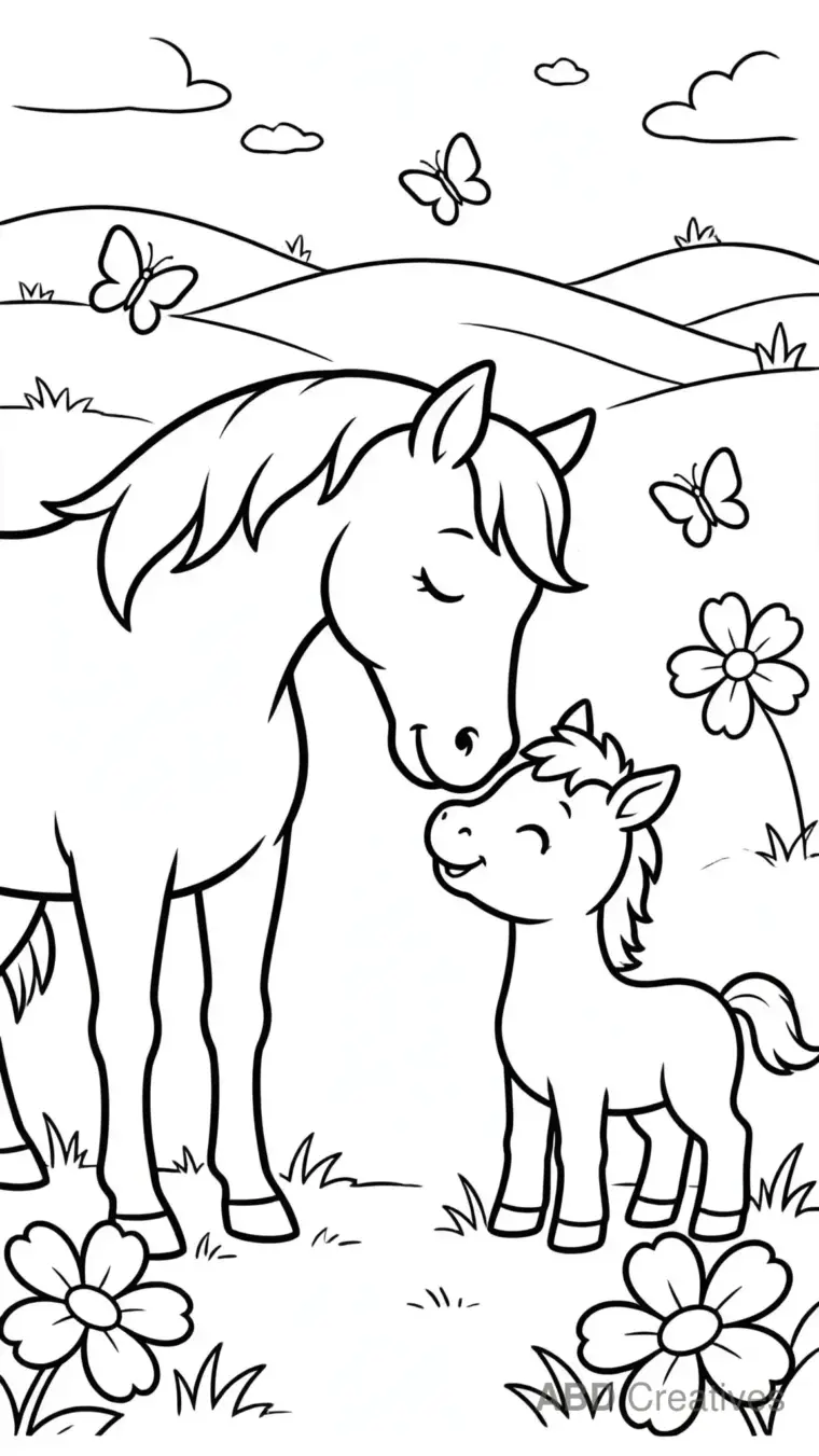 Mare Nuzzling Her Foal in a Field Coloring Page
