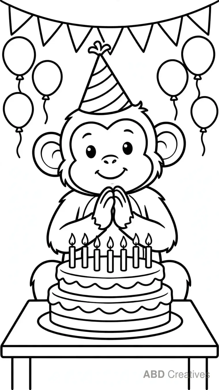 Monkey Birthday Party with Cake Coloring Page