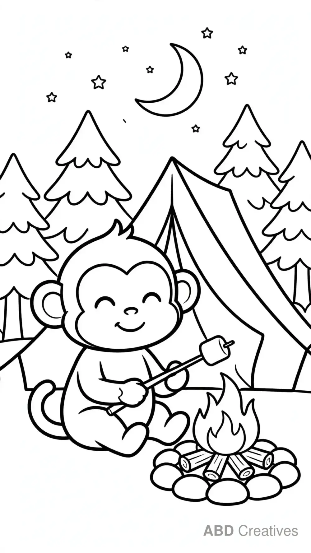 Monkey Camping with a Tent and Campfire Coloring Page