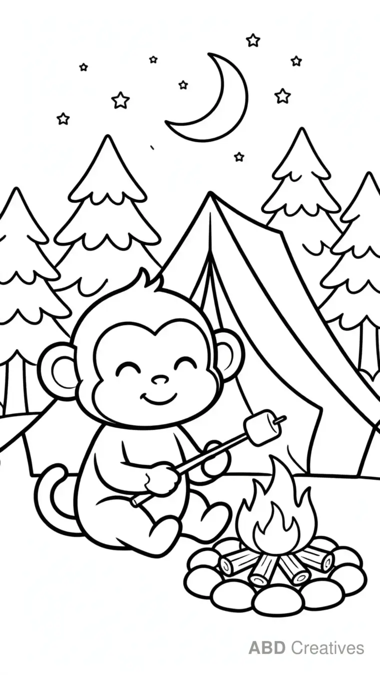 Monkey Camping with a Tent and Campfire Coloring Page