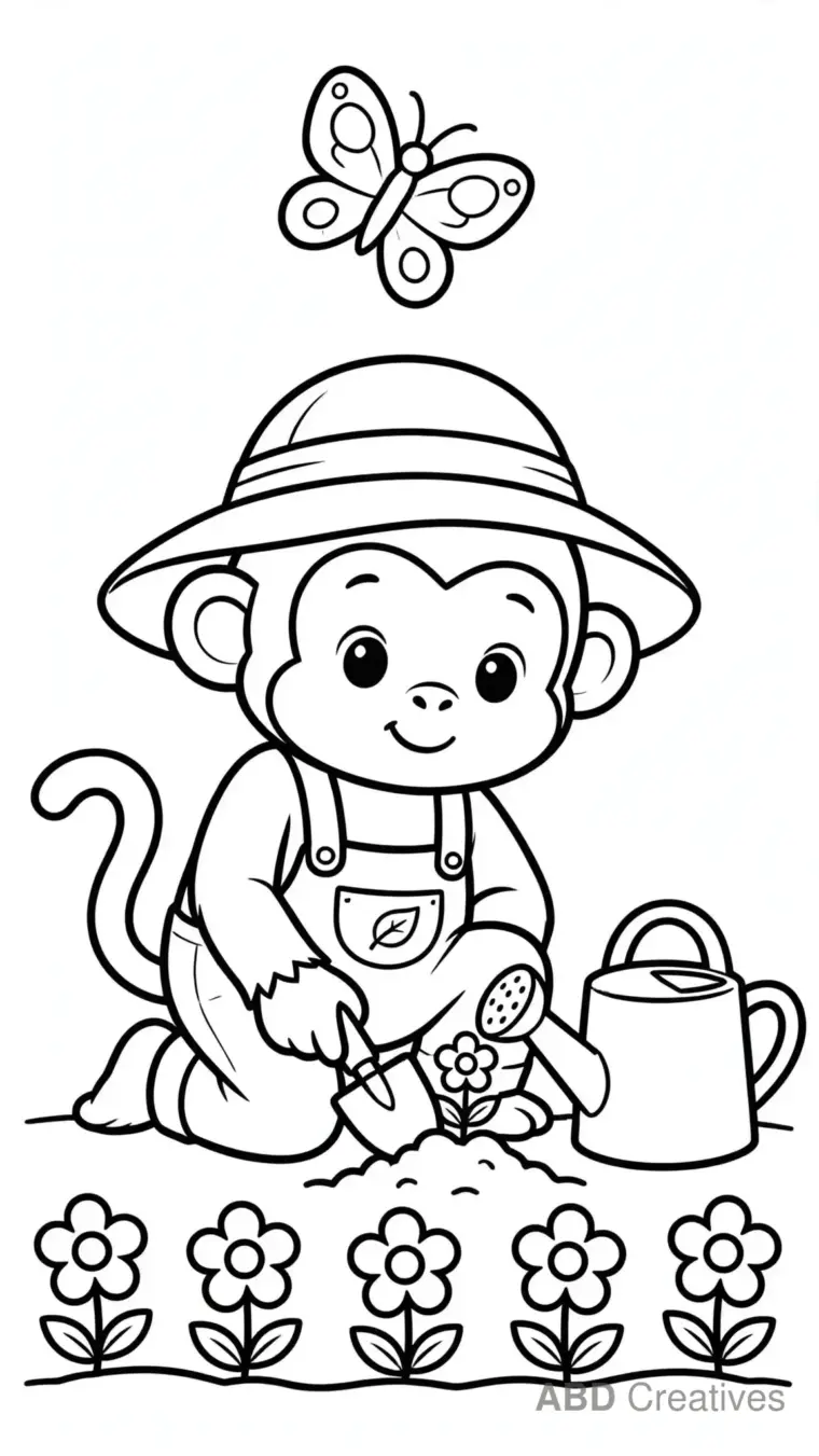 Monkey Gardener Planting Flowers Coloring Page
