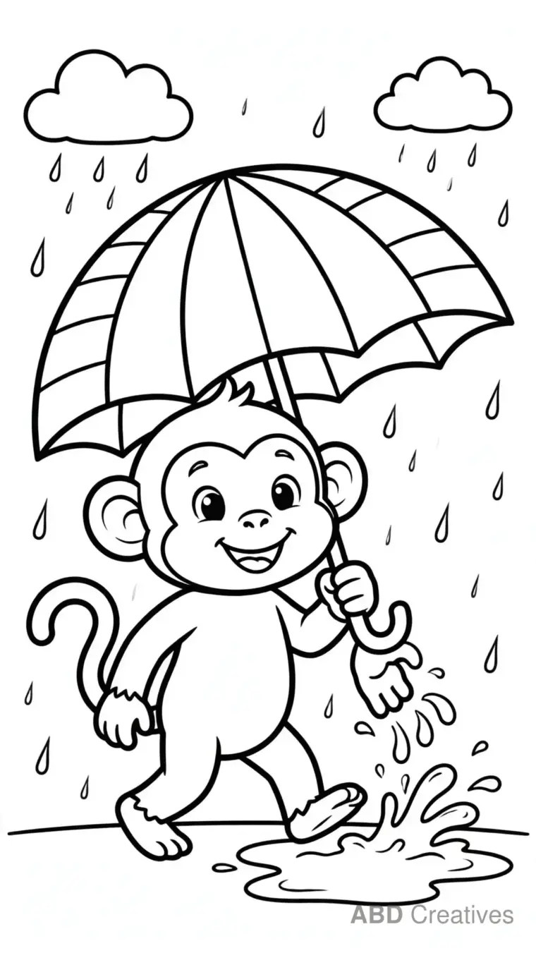 Monkey Holding an Umbrella in the Rain Coloring Page