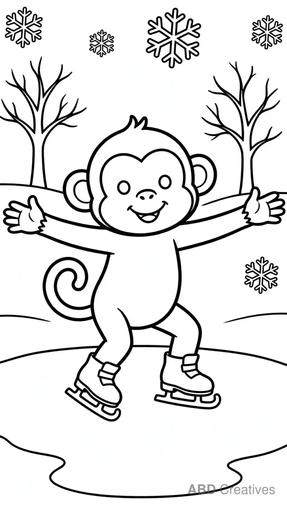 Monkey Ice Skating on a Frozen Pond Coloring Page