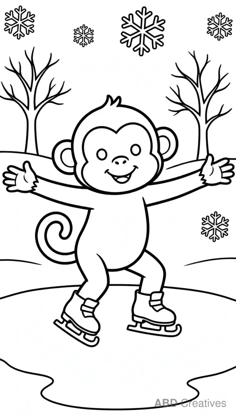 Monkey Ice Skating on a Frozen Pond Coloring Page