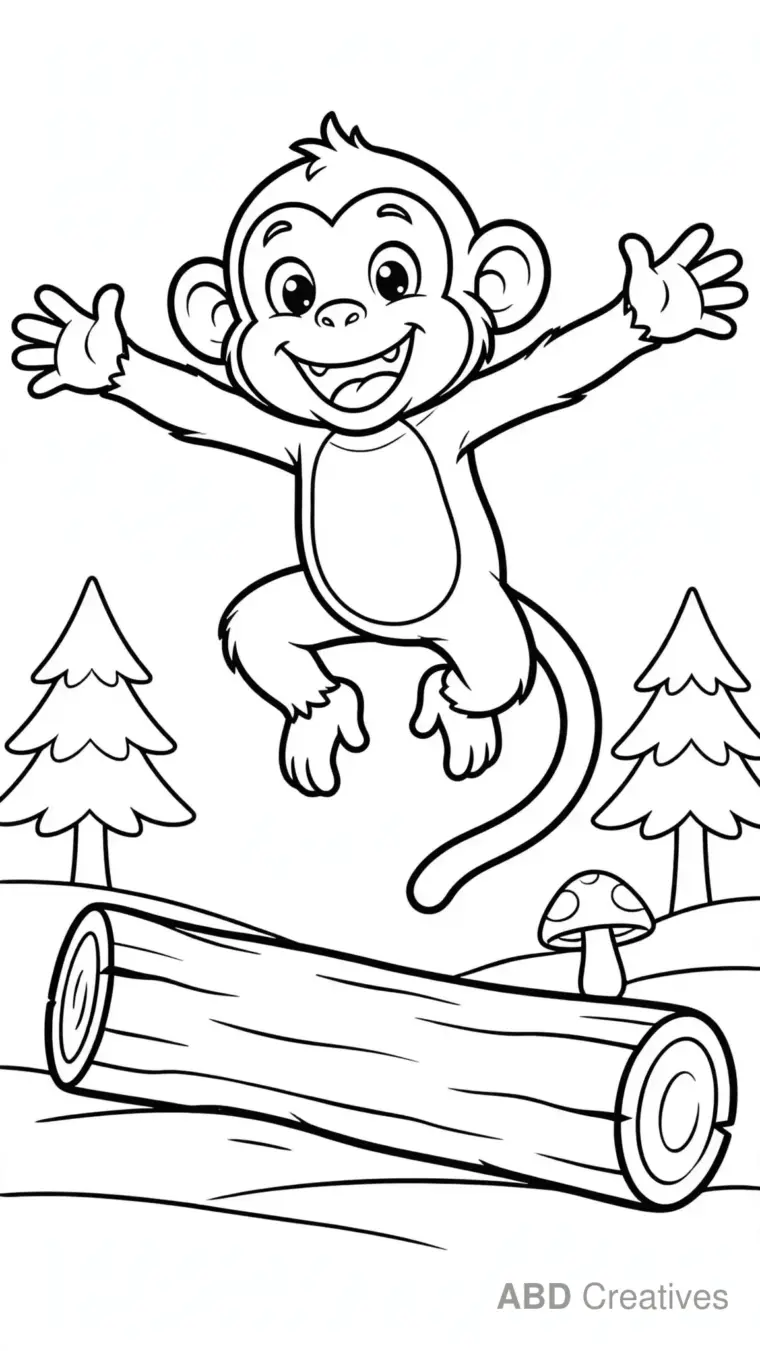 Monkey Jumping Over a Log Coloring Page