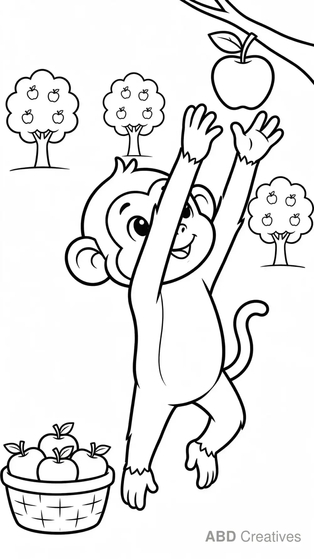 Monkey Picking Apples in an Orchard Coloring Page