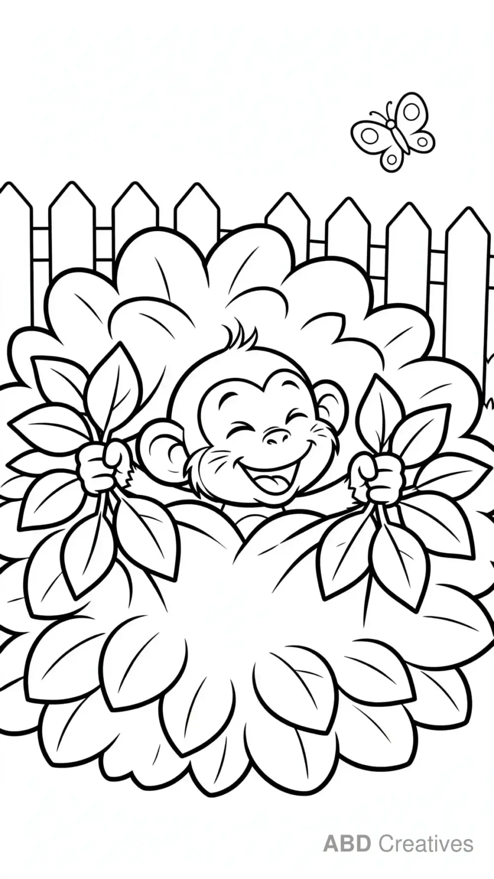 Monkey Playing Hide and Seek Behind a Bush Coloring Page