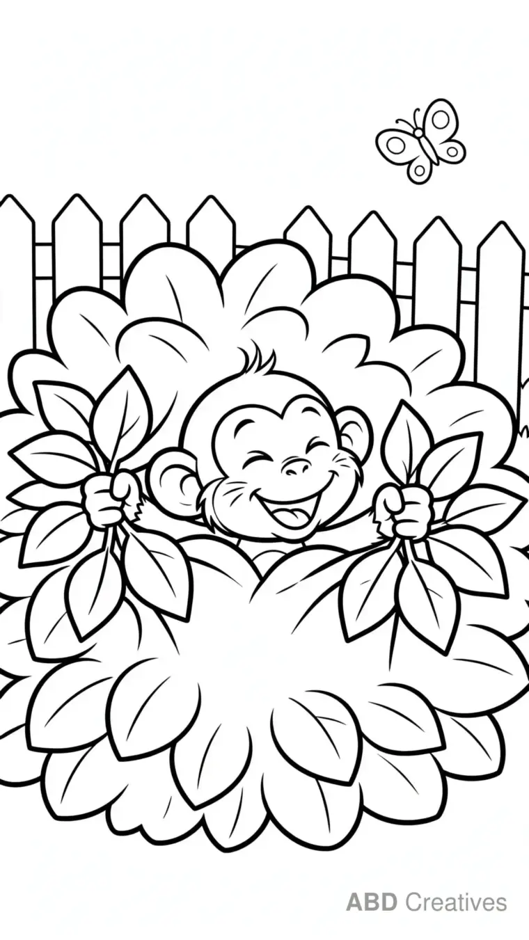 Monkey Playing Hide and Seek Behind a Bush Coloring Page
