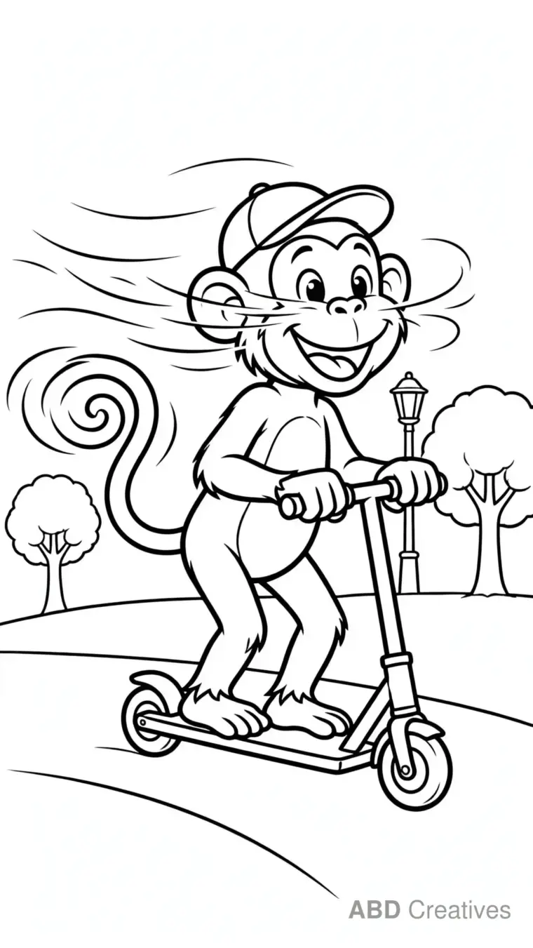 Monkey Riding a Scooter Coloring Page