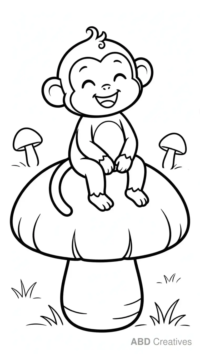 Monkey Sitting on a Mushroom Coloring Page