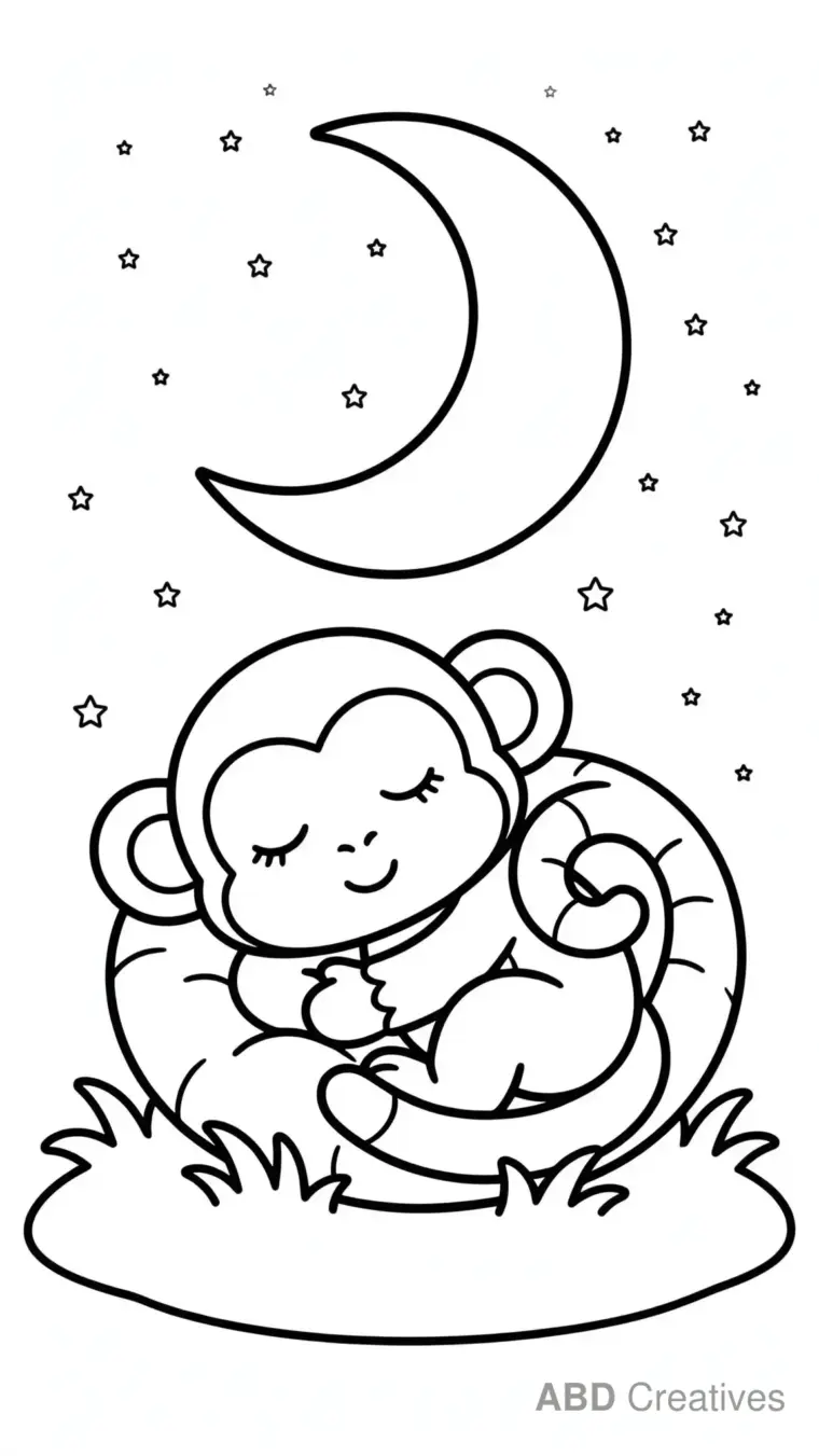 Monkey Sleeping Under the Moon Coloring Page