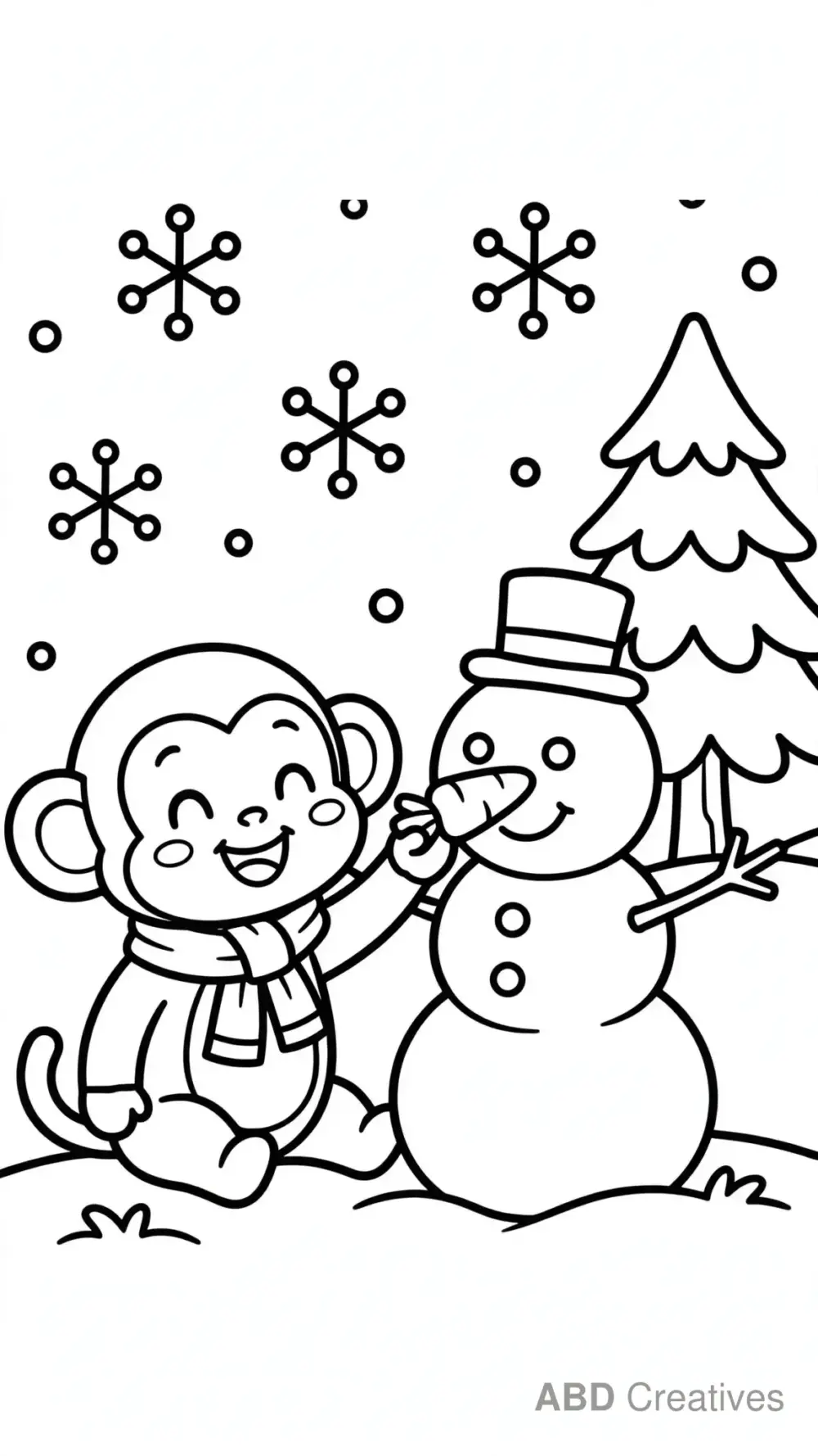 Monkey Snow Day Building a Snowman Coloring Page