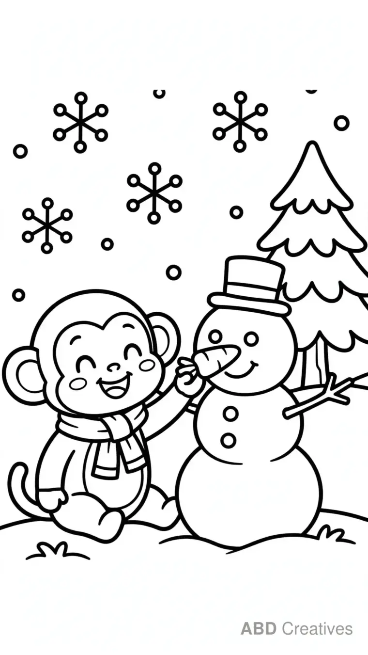 Monkey Snow Day Building a Snowman Coloring Page