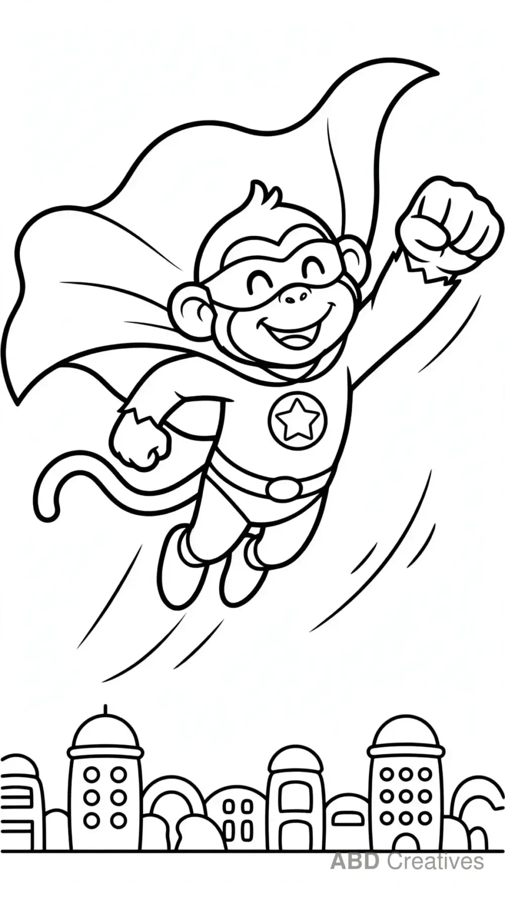 Monkey Superhero Flying Over the City Coloring Page