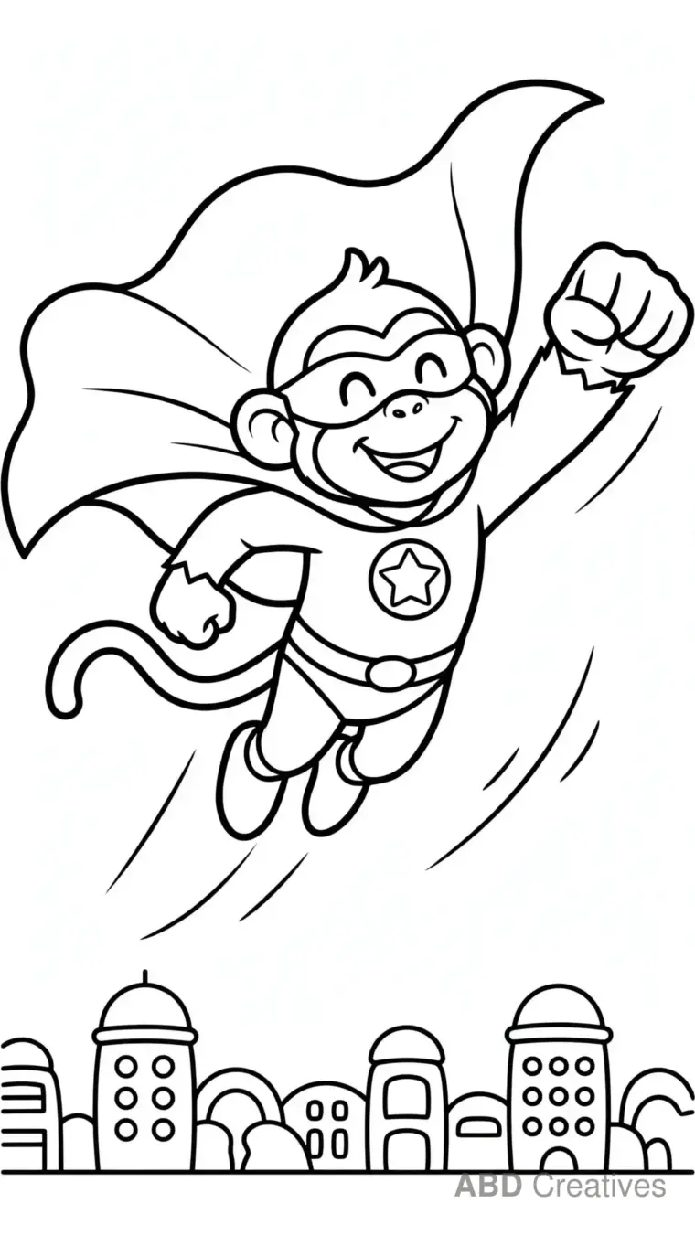 Monkey Superhero Flying Over the City Coloring Page