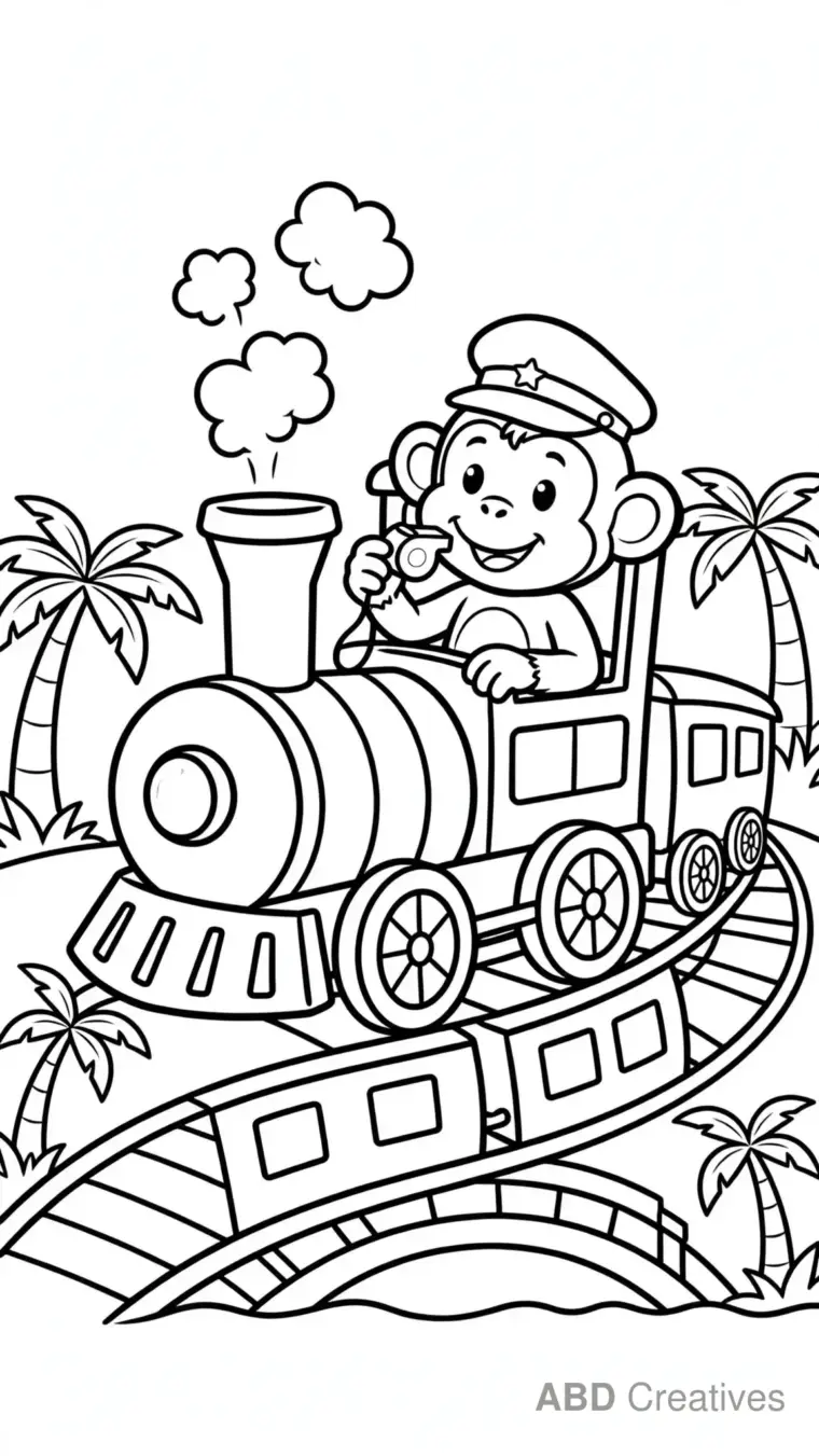 Monkey Train Driver in a Jungle Train Coloring Page