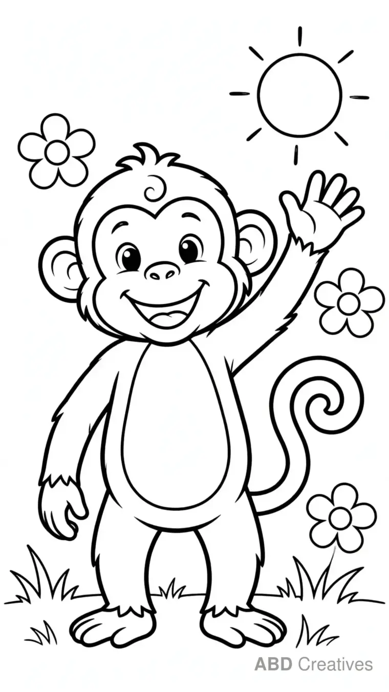 Monkey Waving Hello Coloring Page