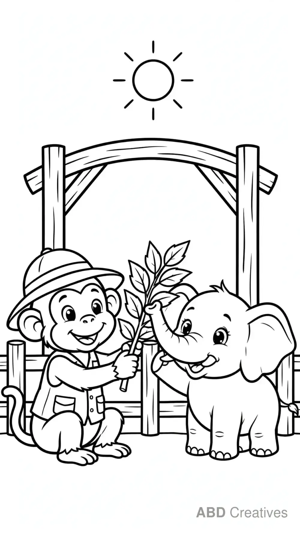 Monkey Zookeeper Feeding Elephants Coloring Page