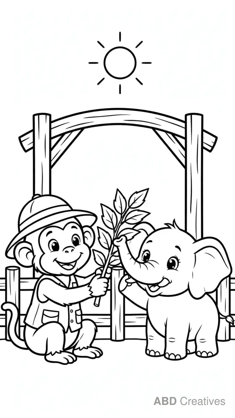 Monkey Zookeeper Feeding Elephants Coloring Page