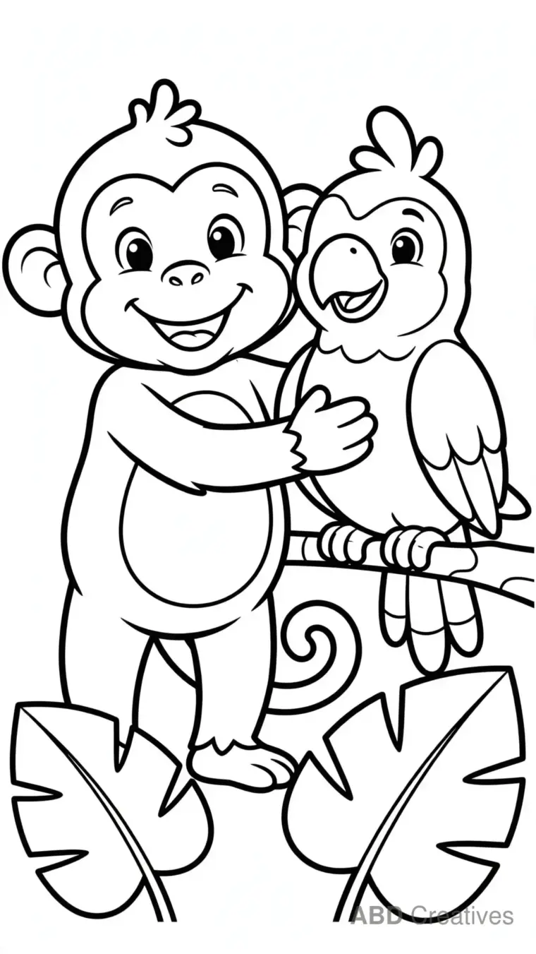 Monkey and Parrot Friends Coloring Page