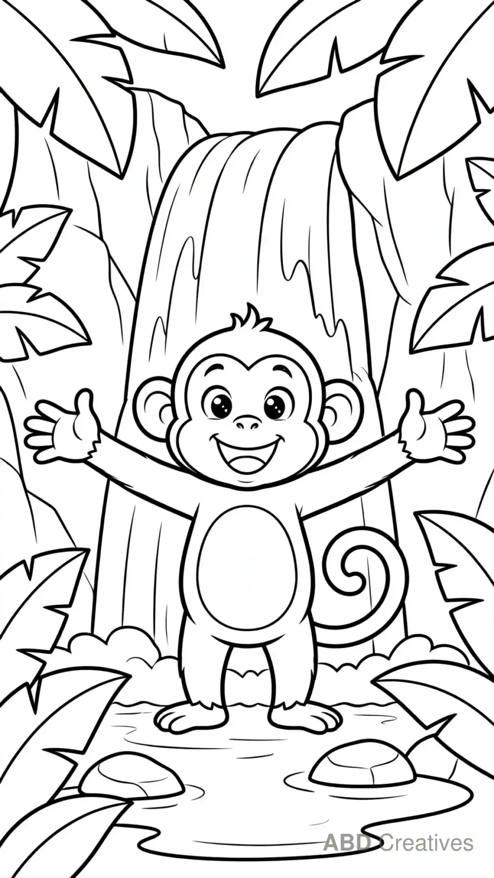 Monkey at a Jungle Waterfall Coloring Page