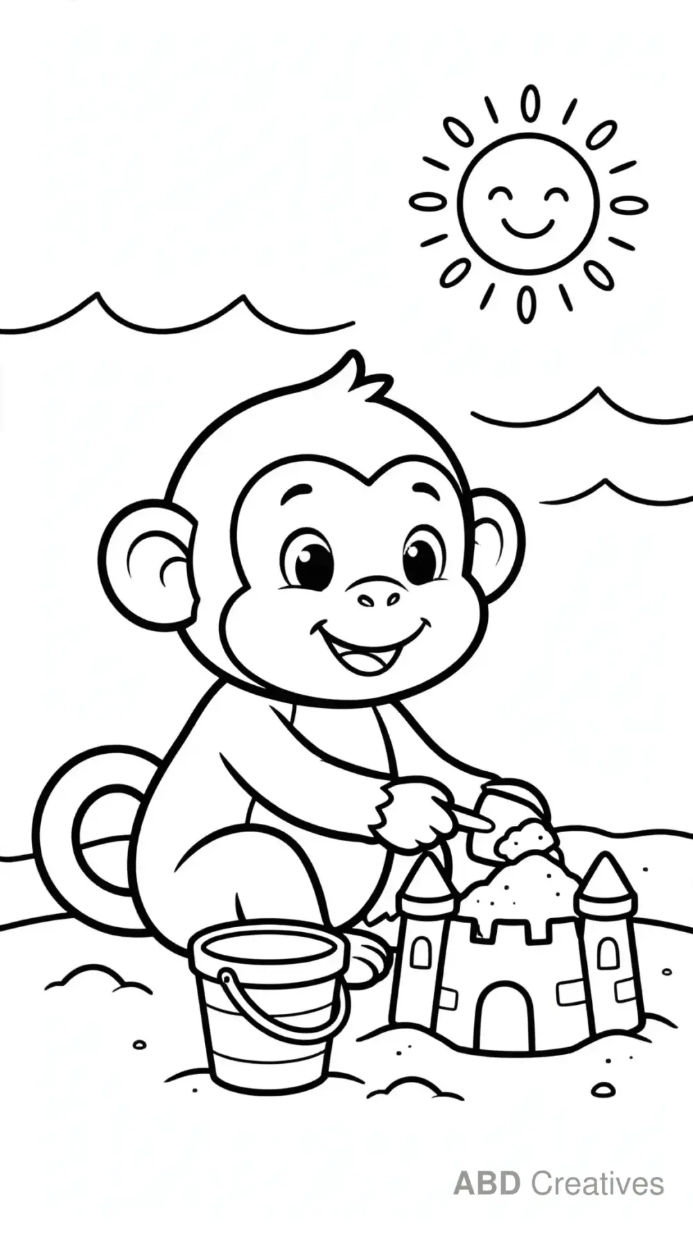 Monkey at the Beach with a Bucket Coloring Page