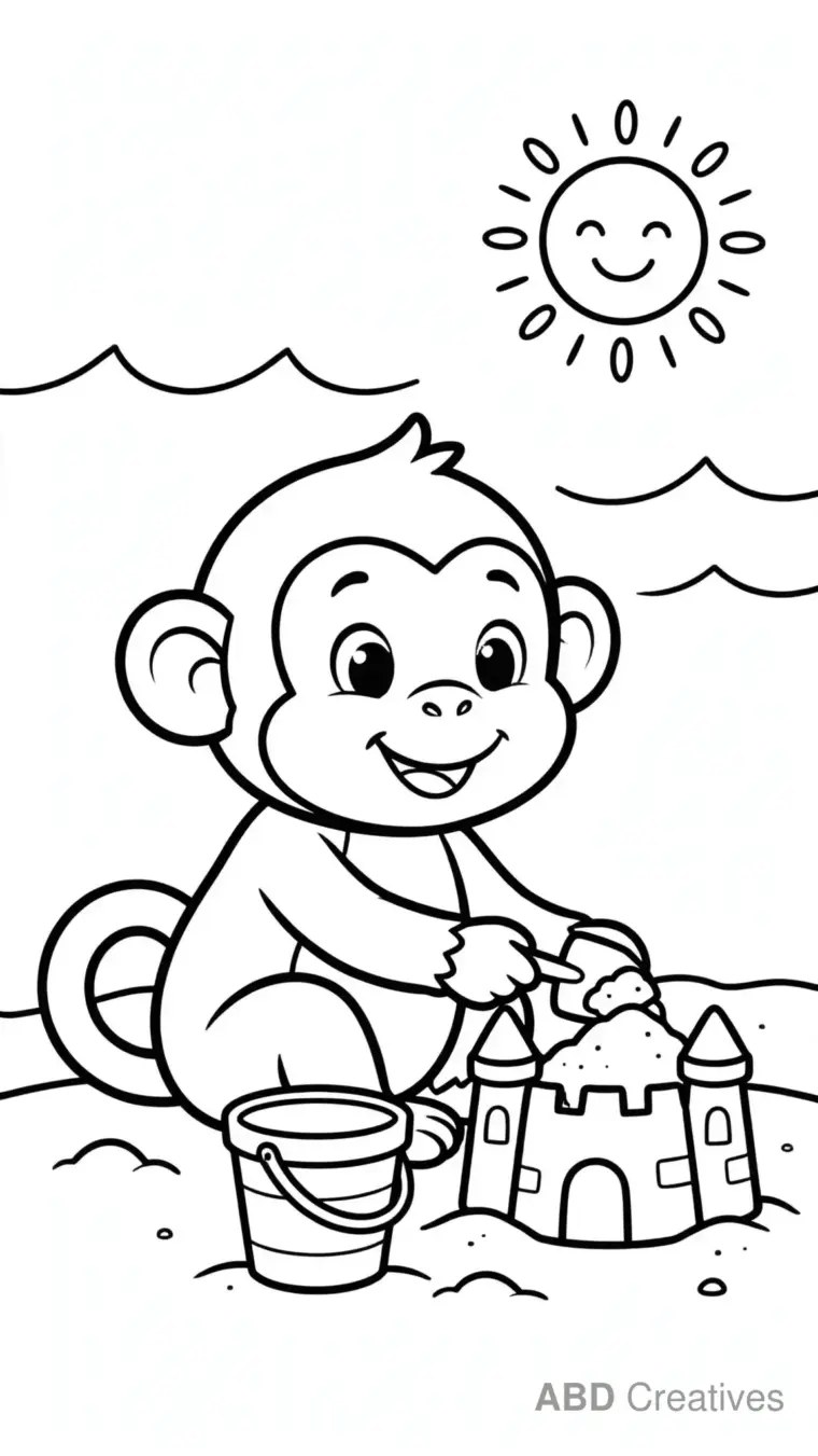 Monkey at the Beach with a Bucket Coloring Page