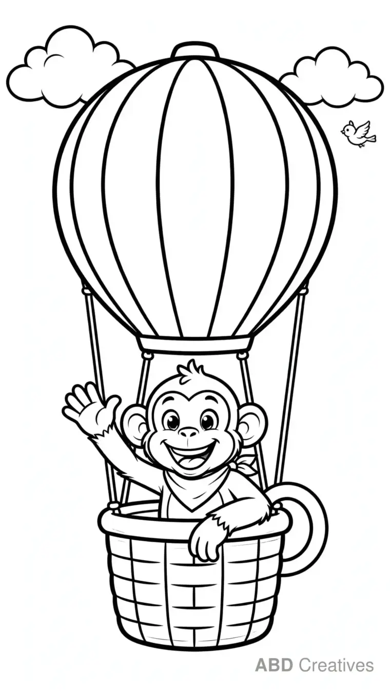 Monkey in a Hot Air Balloon Coloring Page