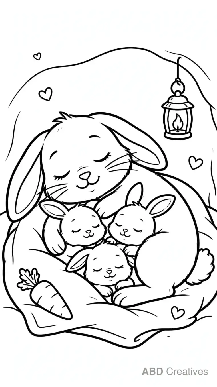 Mother Bunny with Her Bunnies Coloring Page