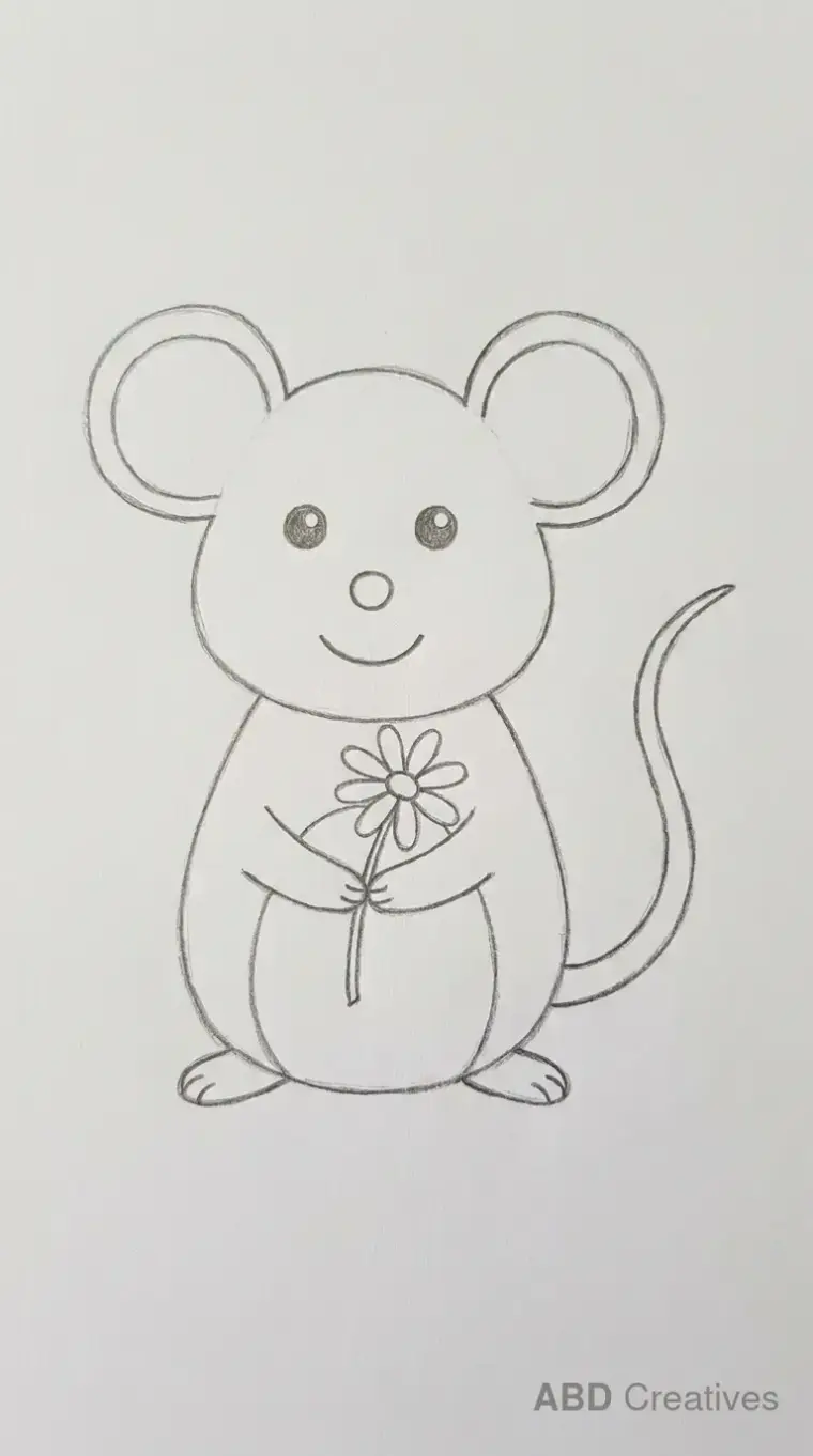 Mouse Holding Flower Outline Drawing