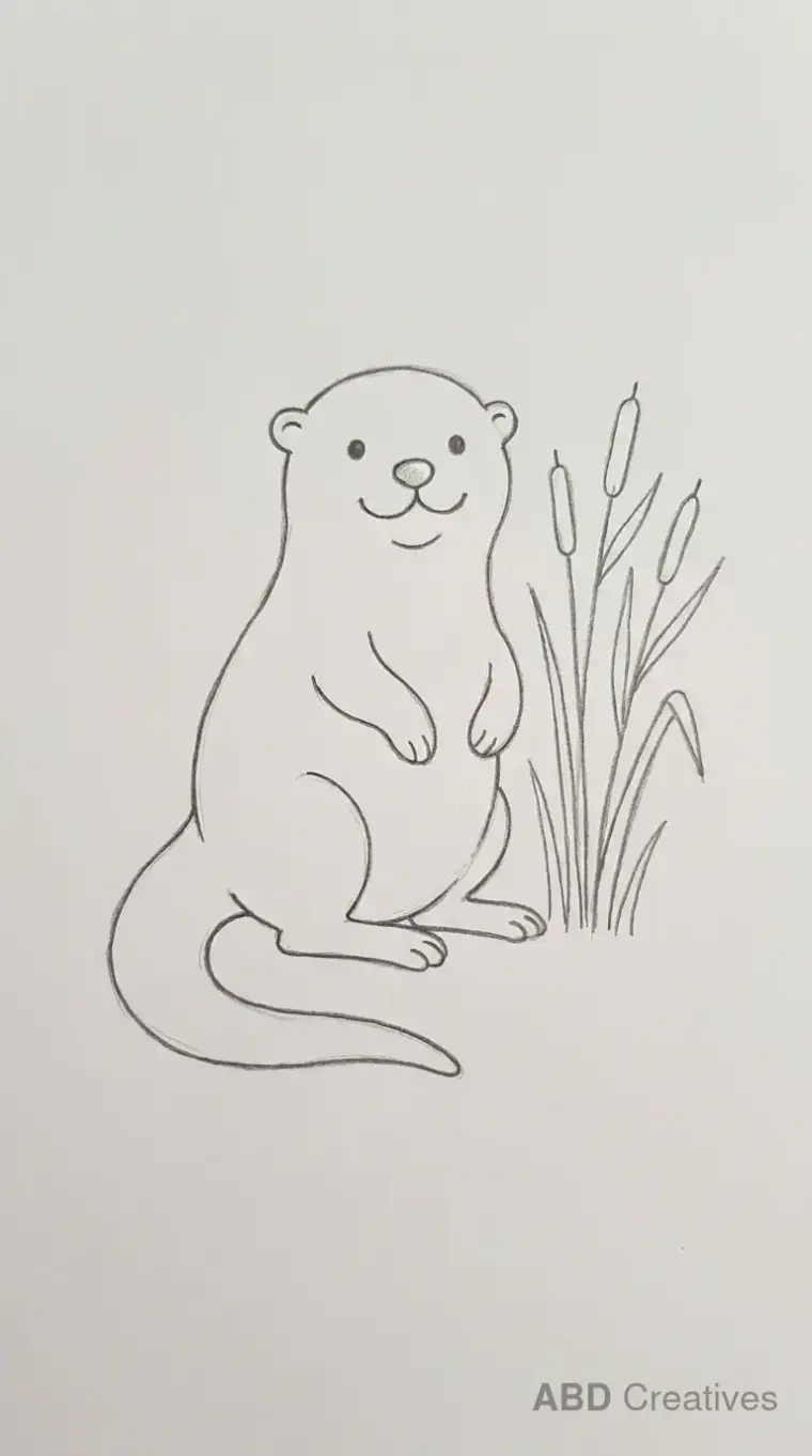 Otter Sitting Beside Water Reeds Drawing