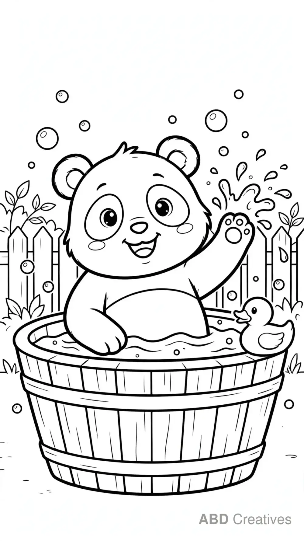 Panda Bathing in a Wooden Tub Coloring Page