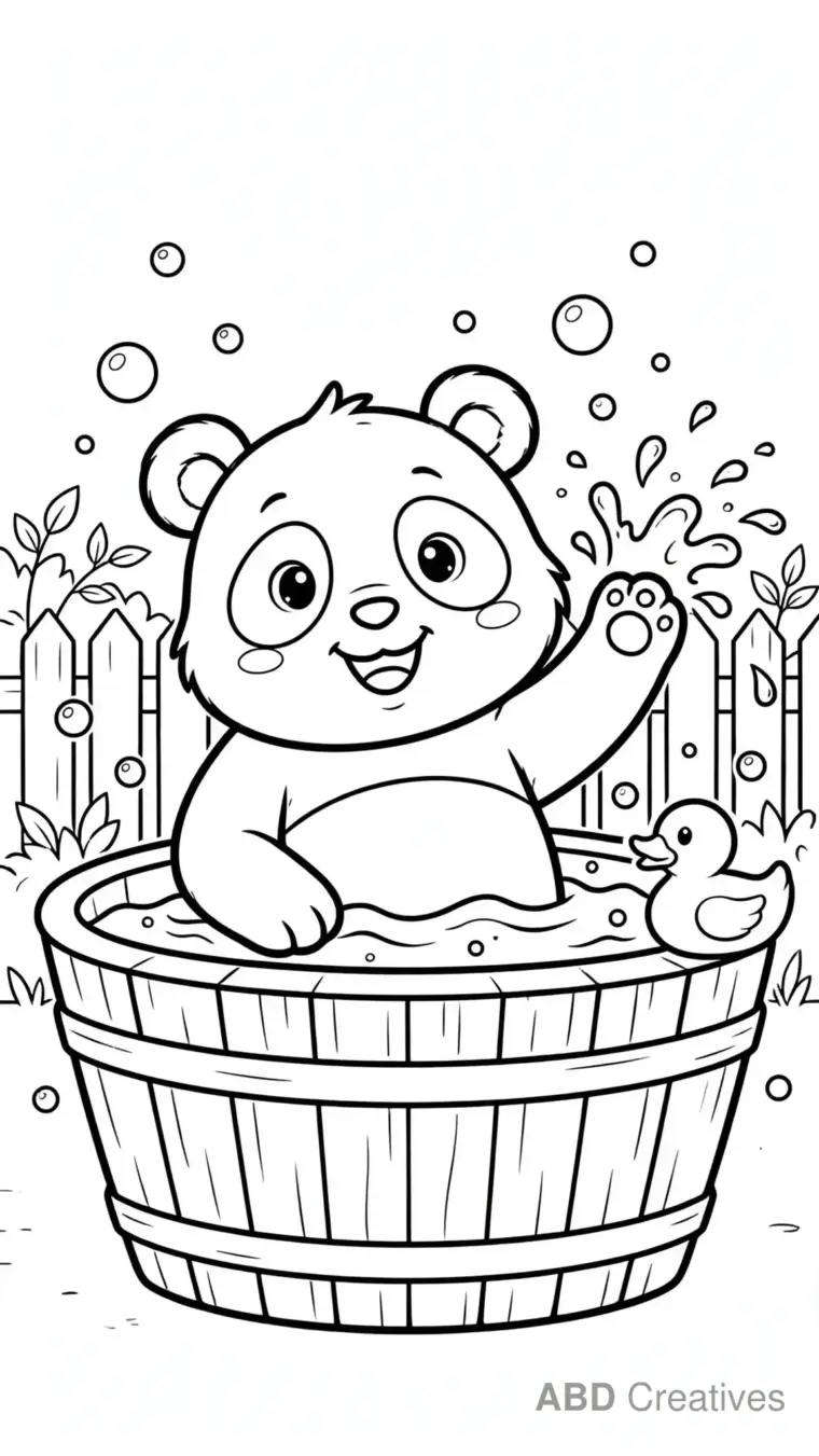 Panda Bathing in a Wooden Tub Coloring Page
