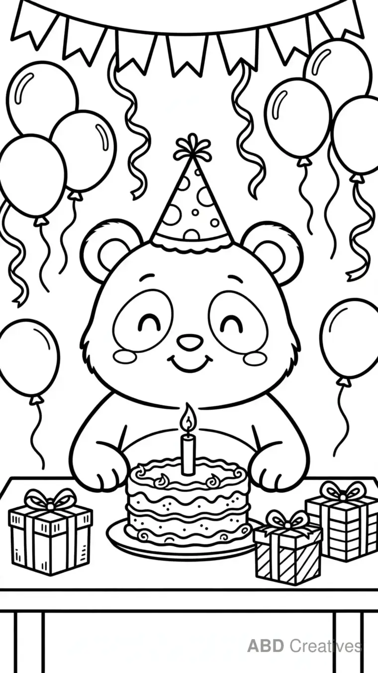 Panda Birthday Party with Balloons Coloring Page